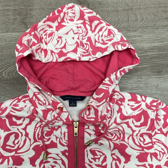 Tommy Hilfiger Pink White Floral Roses 3/4 Sleeve Full Zip Hoodie M - Picture 13 of 16
